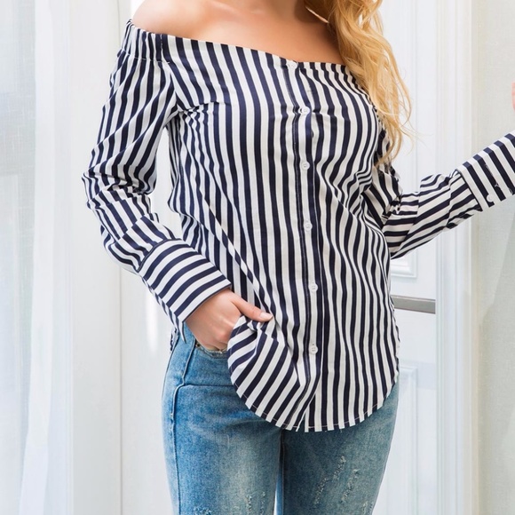 Grace and Style Tops - Striped Off The Shoulder Long Sleeve Blouse